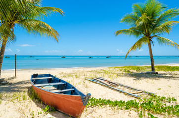 Fototapeta na wymiar Red and blue canoe stretched out on the sand of the beach. Background with the clear sky on a sunny day and a beautiful blue sea. On the horizon several boats in the sea. Two coconut trees in the sand