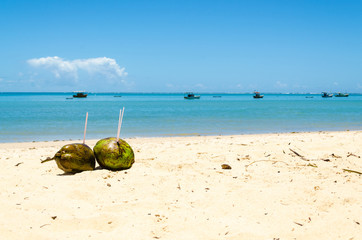 Fototapeta na wymiar pair of green coconut together on the beach sand in the foreground, in the background a beautiful sea with some boats and canoes and a sky with some clouds in blur.