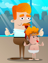 Happy smiling successful businessman and father making thumbs up sign with two hands with his son. Vector cartoon character illustration.