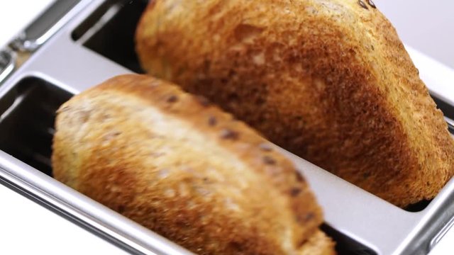 Roasted toast bread popping up from white modern toaster machine