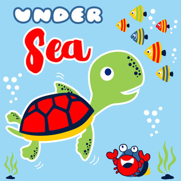 Marine life cartoon with turtle, fishes, hermit crab. Eps 10