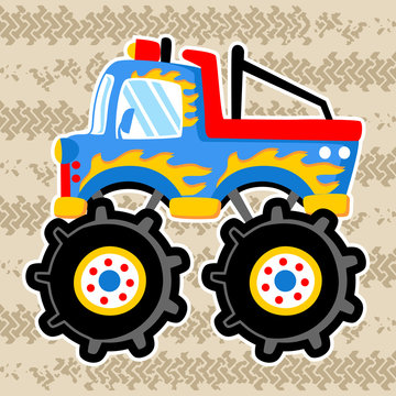 Monster truck cartoon on tire tracks background. Eps 10