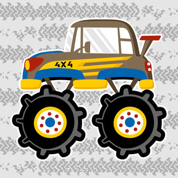 Monster truck cartoon on tire tracks background. Eps 10