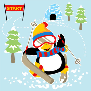 Cute penguin skiing cartoon. Eps 10