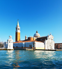 Fototapeta na wymiar Venice. View from the water at the Cathedral of San Giorgio Maggiore in the sunset