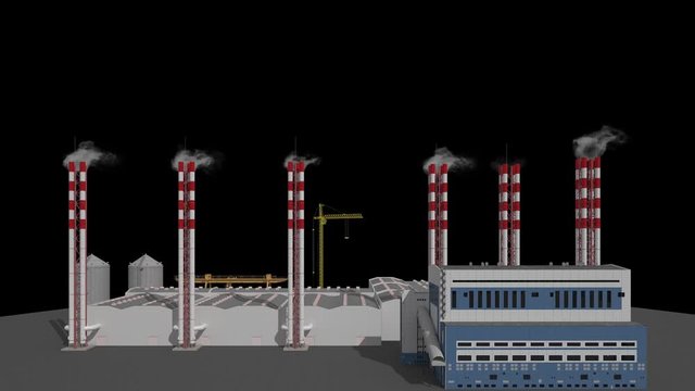 Fabbrica con ciminiere, siderurgica, illustrazione 3d (with alpha channel, luma)