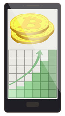 bitcoin coins with growth graph on a phone screen