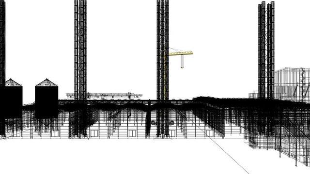 Fabbrica con ciminiere, siderurgica, illustrazione 3d, wireframe, bim, progetto