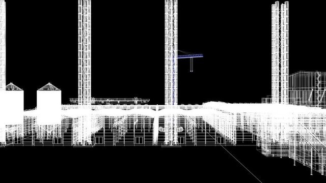 Fabbrica con ciminiere, siderurgica, illustrazione 3d, wireframe, bim, progetto