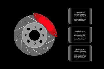 Disc brake and red caliper isolated on black background and glass banner for text decoration, Automotive parts concept.Vector illustration design. EPS10
