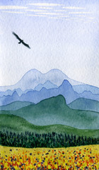 Spring Alpine meadow. Watercolor painting. High in the sky is a mountain eagle. In the background is a panorama of the mountains with a large snow mountain. An atmosphere of peace, joy and freshness.