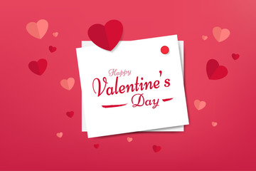 Fototapeta na wymiar Happy valentines day concept, Sticky note with text decoration and a paper heart on sweet pink color background. Vector illustration design. EPS10