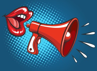 Girl megaphone screaming. Attractive female mouth with sensual pretty girl lips with loud hailer retro popart vector illustration