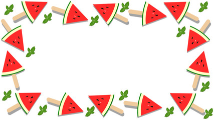 Vector in flat style design. Watermelon popsicles and mint leaves on transparent background. Top view and copy space for text.