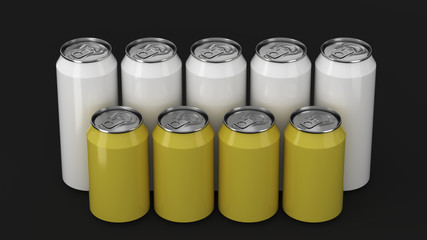  White and yellow soda cans standing in two raws on black background