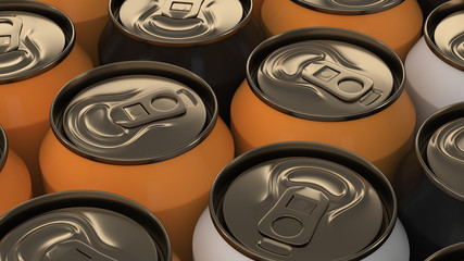 Big black, white and orange soda cans on black background