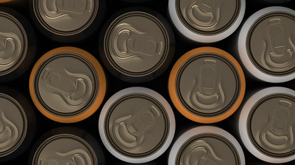 Big black, white and orange soda cans on black background