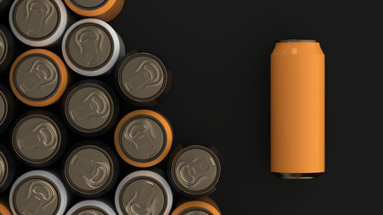 Big black, white and orange soda cans on black background