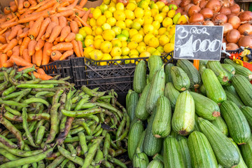 Pickles, peas and other vegetables for sale at a market in Valparaiso, Chile