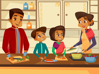 Vector cartoon Indian family characters cooking at kitchen together concept. Happy hindu man, woman parent father mother boy girl children preparing vegetables meal. Kitchen interior background