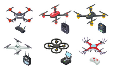 Drones isometric icons isolated on white background. Unmanned aircrafts drones with controllers vector illustration