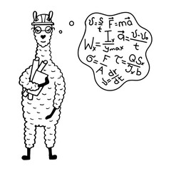 Cute hand-drawn illustration of a lama-engineer in the construction helmet and drawings.