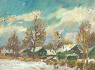 village in winter painting