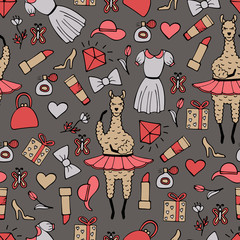 Cute hand-drawn seamless pattern of a lama-ballerina in a tutu. Hand-drawn gentle pictures.