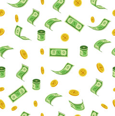 Falling dollars and coins pattern, vector illustration