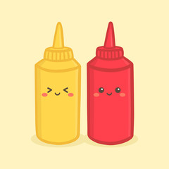 Cute Mustard Tomato Ketchup Bottle Vector Illustration Cartoon Character Smile
