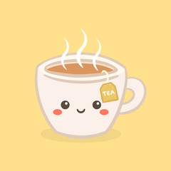 Cute Kawaii Hot Tea Cup Teabag Vector Illustration Cartoon Character Icon Design