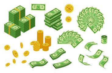 Сollection of dollar coins and bills. Signs and symbols of the American dollar banknotes bundles vector illustration