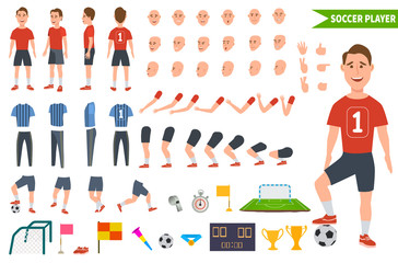 Footballer character constructor. Soccer player different postures, legs, hands, hairstyle, face, football uniform, boots. Vector illustration