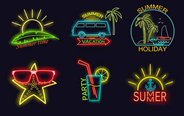 Summer neon logo collection isolated. Signboard, banners of bars, restaurants or night clubs. Vector illustration