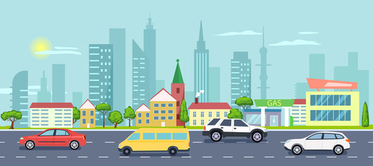 City landscape. Urban life, architecture, cars and buildings, road and trees. Vector illustration