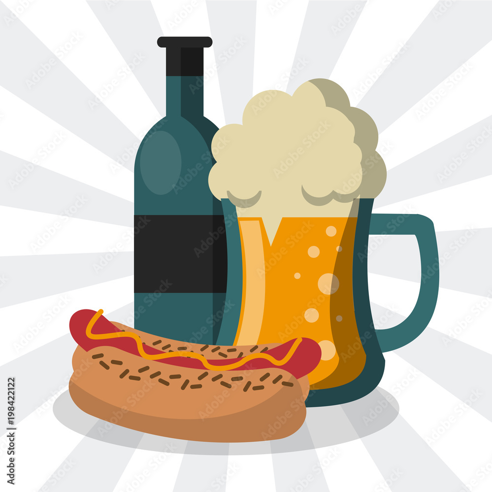 Wall mural hot dog and beer fast food cartoon vector illustration graphic design