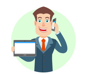 Businessman holding tablet PC and talking on mobile phone