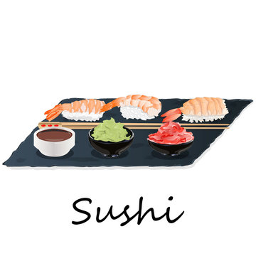 Illustration of roll sushi with salmon, prawn, avocado, cream cheese. Sushi menu. Japanese food isolated.