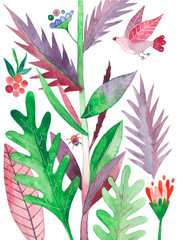 акварельные растения, бордовые листья и зеленые листья, птицы и насекомые. Ботаническая иллюстрация