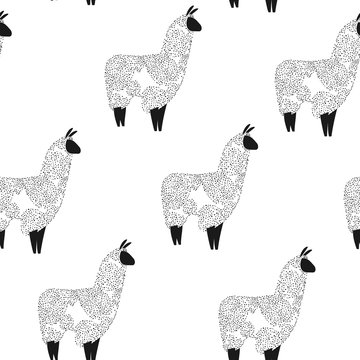 Seamless pattern with lama. Flock of multicolored alpacas. Scandinavian style. Black and white style.