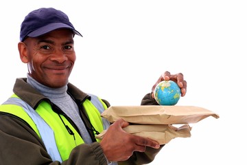 Fototapeta premium delivery man delivering parcel with globe