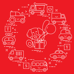 Obraz premium Baby cars, cubes, puppy, gift, balloons.