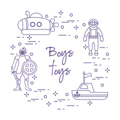 Knight, submarine, diver, ship. Children's toys.