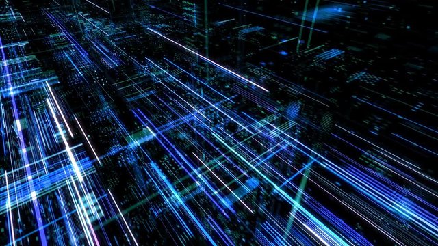 Abstract digital abstract virtual city. Scanning city for hackers attack concept. Software developer, programming, binary computer code with technology and connection concept. 3D render 4K loop