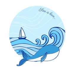 Whale cartoon illustration isolated on blue wave background, ship vector colorful doodle animal, round frame, Character design for greeting card, children invitation, baby shower, creation of alphabet