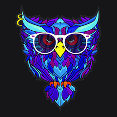 Funny owl with eyeglasses, sunglasses in line art design, vector cartoon illustration isolated on black background