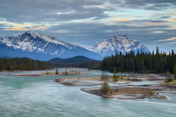 Mountains in Jasper National Park along the Athabasca River, Alberta, Canada