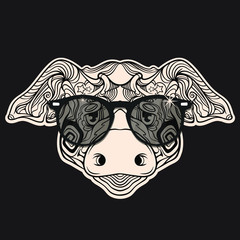 Face of funny hipster pig with eyeglasses, vector cartoon illustration