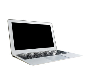 Laptop computer PC with blank screen mock up isolated on white background. Laptop isolated screen. Tablet white screen with copy space. Empty space for text.