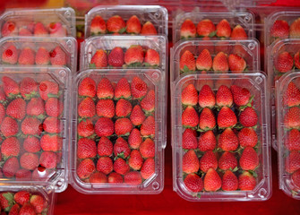 Strawberry in package at the market.Food package concept.